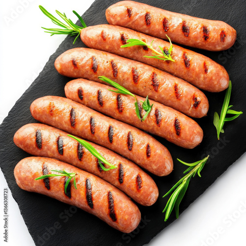 Grilled sausages served on black slate with fresh rosemary sprigs and sear marks in clean presentation

 photo