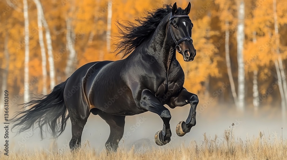 Obraz premium Majestic black horse galloping through an autumn field in dynamic motion