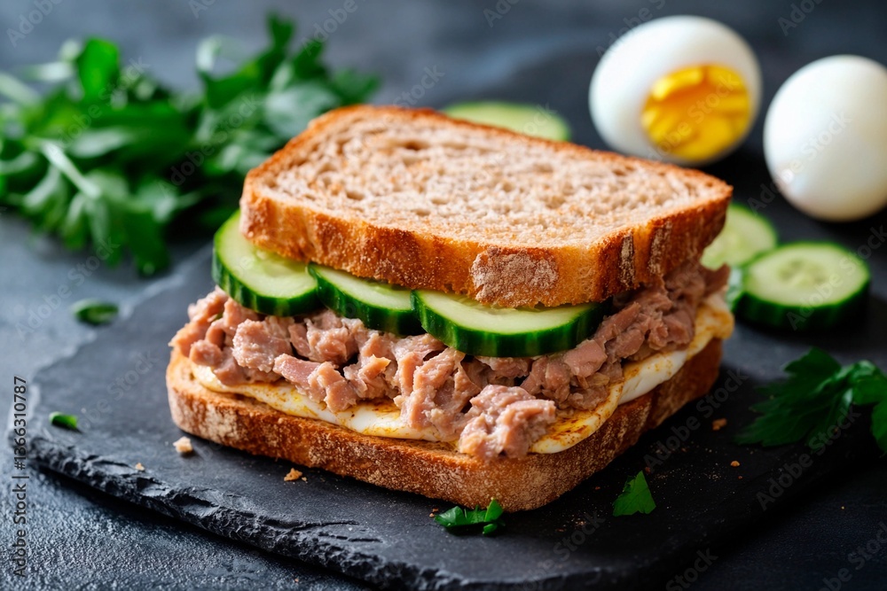 Freshly made tuna sandwich layered with cucumber slices and served alongside boiled eggs. The dish is garnished with parsley, creating a vibrant presentation Freshly made tuna sandwich layered with cucumber slices and served alongside boiled eggs. The dish is garnished with parsley, creating a vibrant presentation