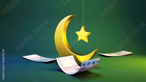 3D rendering of golden Crescent moon and star with string and West African cfa franc notes isolated on green background. Bank financial Eid wish post concept idea. Happy Ramadan Mubarak photo