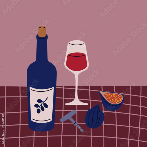 Modern still life illustration with wine bottle, fig and wine glass. Vector illustration. Food and drink composition.