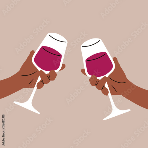 Hands holding wine glasses in cartoon style. Vector illustration.