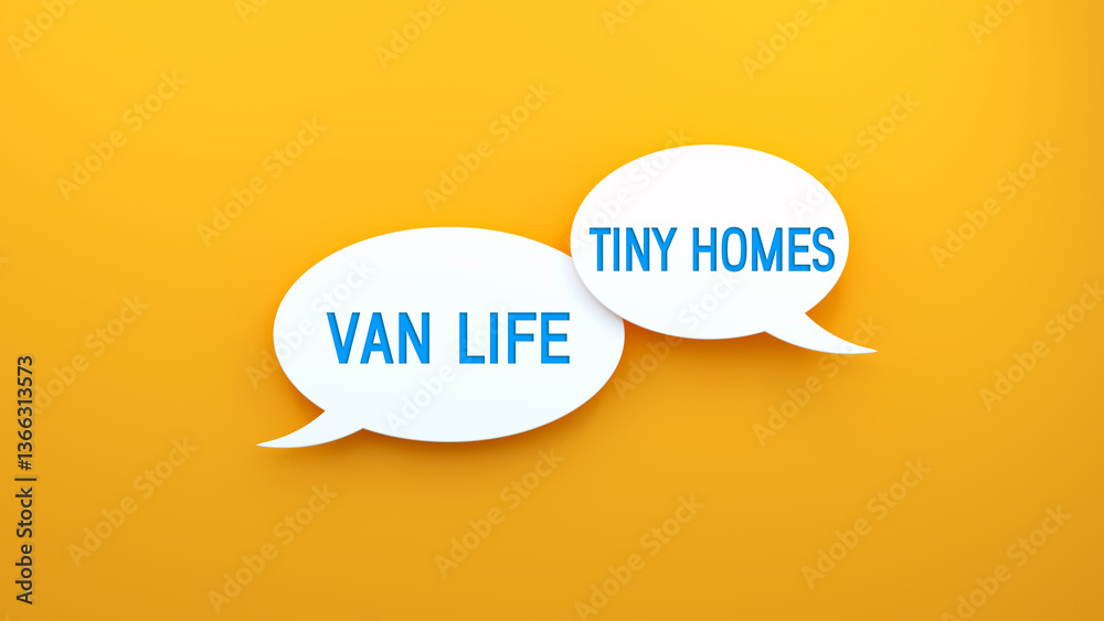 Van Life and Tiny Homes text message on speech bubble. Web banner concept,yellow background illustration