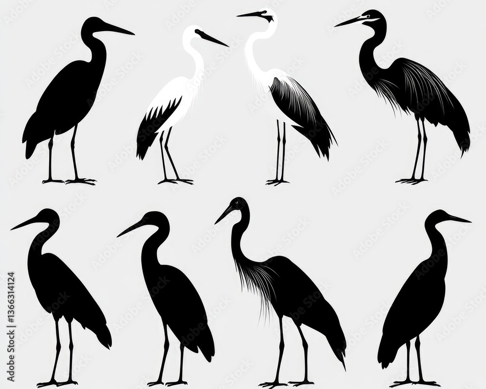 Fototapeta premium Collection of Ten Heron Silhouettes - Asian Bird Decorations with Distinct Beaks on Black Background
