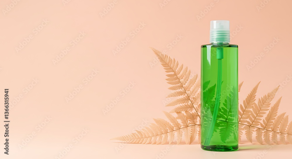 Fototapeta premium Green Cosmetic Bottle with Dried Fern Leaves on Peach Background