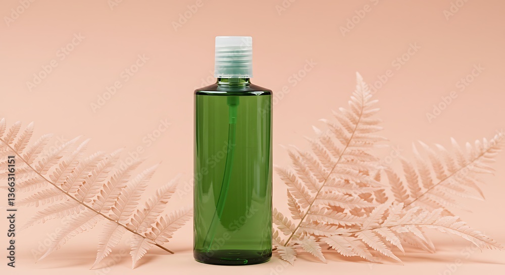 Fototapeta premium Green Bottle Mockup with Pump and Fern Leaves Against Peach Background
