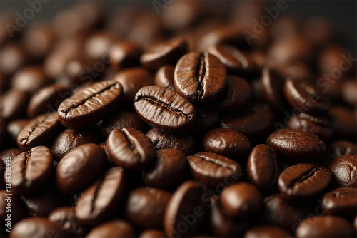 Rich, dark roasted coffee beans piled high, promising a warm, invigorating brew with deep shadows and close-up detail.