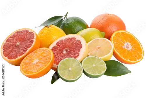mixed citrus fruits with slices and leaves isolated on transparent background, fresh juicy orange lemon lime grapefruit for healthy food concept