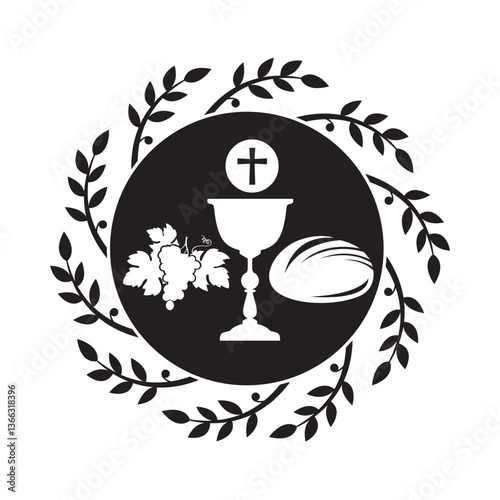 black holy communion icon with chalice, grapes and bread isolated on white background