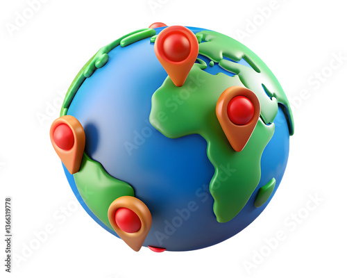 3D Globe with Location Pins, Global Navigation and Map Marker Icon photo