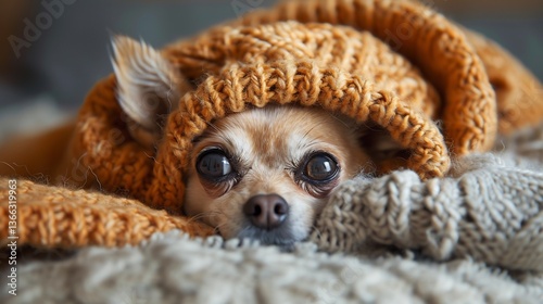 Wallpaper Mural Nervous Chihuahua trembling and hiding under a blanket during a thunderstorm ears pinned back and eyes wide exhibiting canine fear Torontodigital.ca