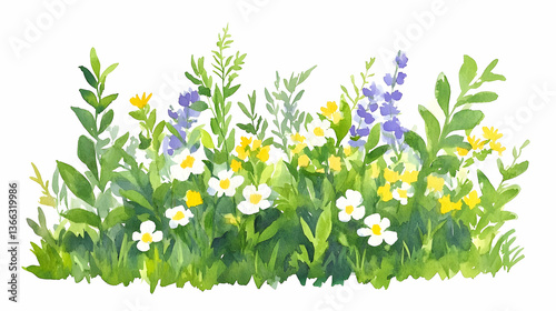 Fototapeta Naklejka Na Ścianę i Meble -  A vibrant watercolor meadow bursting with wildflowers, showcasing a lively mix of yellow, white, and purple blossoms in lush green foliage.