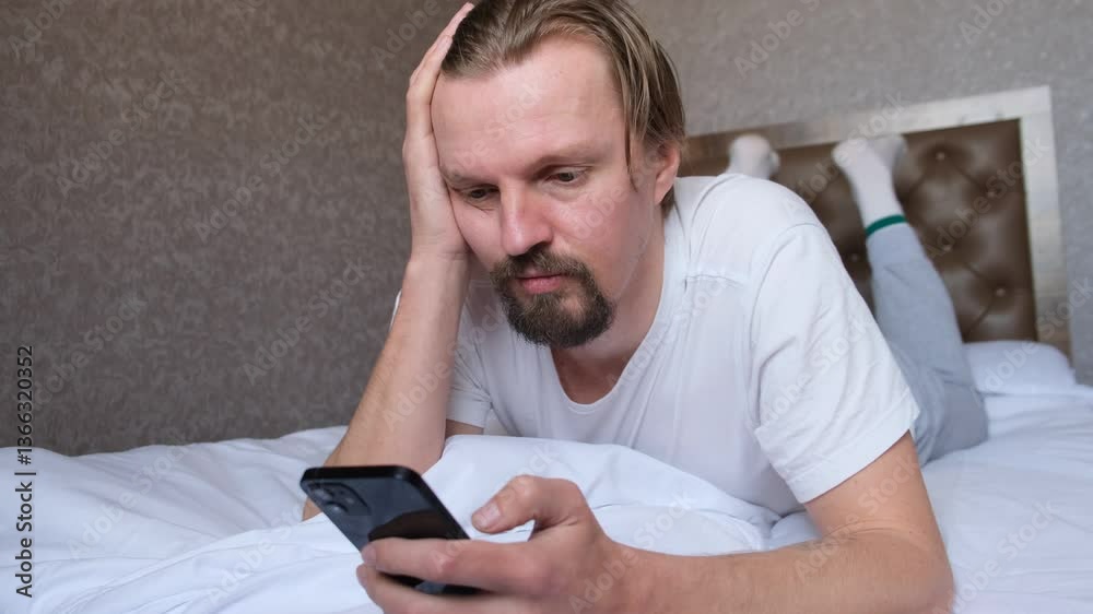 Young handsome attractive man with beard lying on bed with stomach down and using mobile phone to browse marketplace and talking to himself. Leisure of a slacker Young handsome attractive man with beard lying on bed with stomach down and using mobile phone to browse marketplace and talking to himself. Leisure of a slacker