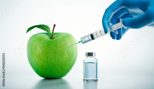 Green apple with injection by syringe on a white background - 3D illustration - concept for genetically modified foods