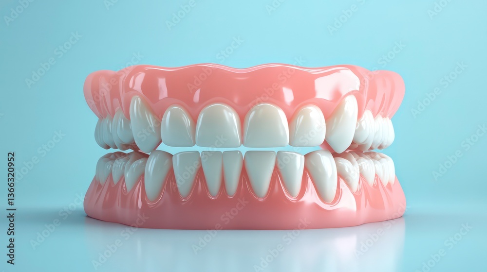 Fototapeta premium Illustration shows healthy white teeth in row against light blue background. Dental care, oral hygiene highlighted. Teeth depicted as 3D models. Ideal for dental clinics, health magazines,