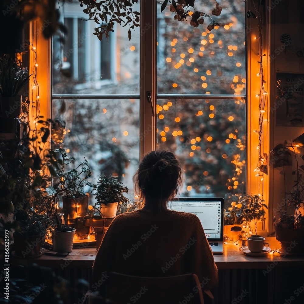 Person Working in a Cozy Home Office at Dusk with Warm Lights and Computer Person Working in a Cozy Home Office at Dusk with Warm Lights and Computer
