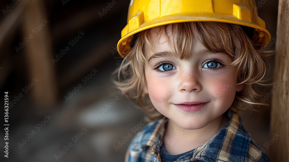 A Young Child Wearing A Yellow Protective Hard Hat A Young Child Wearing A Yellow Protective Hard Hat