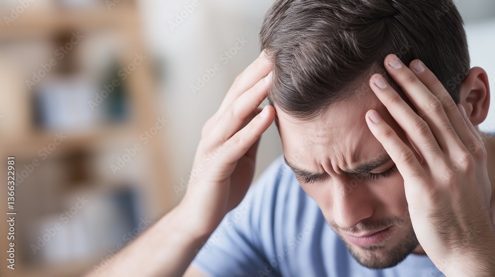 Fototapeta premium Young man pressing his head with his hands, feeling overwhelmed by a headache. Concept of stress, mental pressure, and migraine