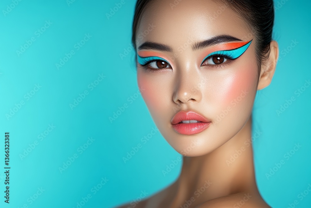 Fototapeta premium A close-up portrait of a Korean woman with vibrant, artistic eye makeup against a bright turquoise background