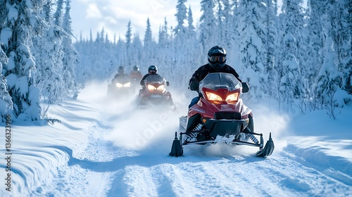 snowmobiles racing across a snowy forest trail, a thrilling winter adventure, as snow sparkles and nature embraces the riders
