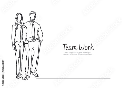 Continuous one line drawing of business people, businesswoman and businessman line art vector illustration. Business teamwork concept.Editable stroke. Doodle vector illustration	