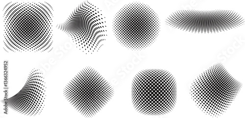 Halftone Abstract Dot Shapes Set, Distorted Black Gradient Vector Elements