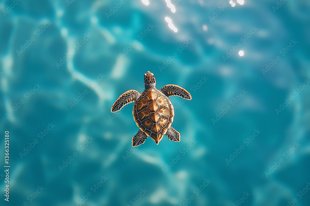 Obraz premium Sea Turtle Swimming Peacefully in Clear Blue Ocean Waters top view
