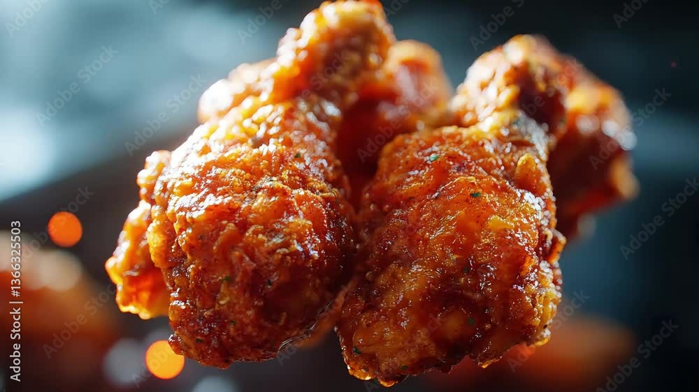 Rotating of hot crispy fried chicken drumsticks with a golden crust, garnished with herbs, with smoky and particles background, perfect for food lovers.