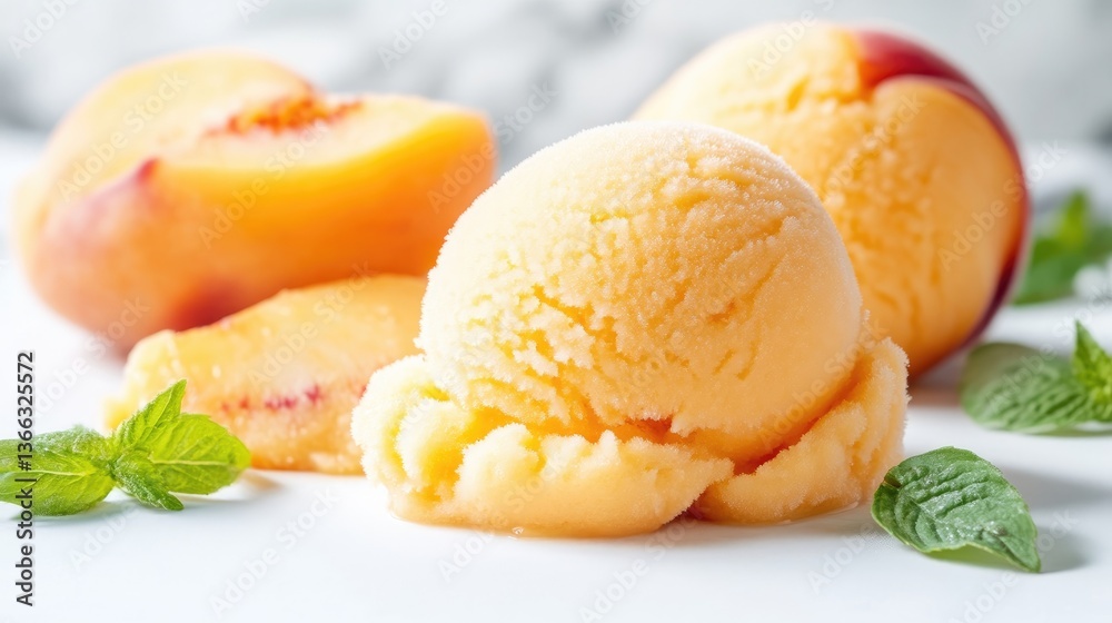 Peach ice cream scoops, fresh peaches, and mint leaves Peach ice cream scoops, fresh peaches, and mint leaves