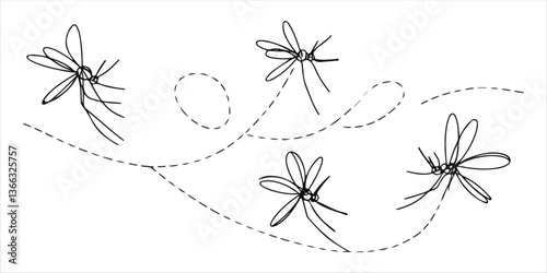 Mosquitoes flying on dotted route continuous single line art drawing sketch on white background
