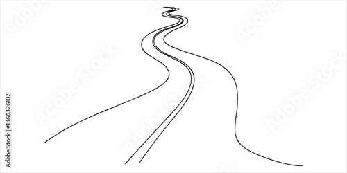 Curve asphalt road continuous single line art drawing sketch on white background