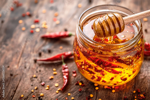 Jar of spicy hot honey with chili pepper on wooden background, close-up. Copy space