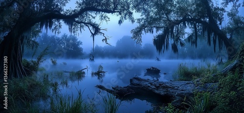 Serene swamp landscape at twilight with misty atmosphere and majestic trees