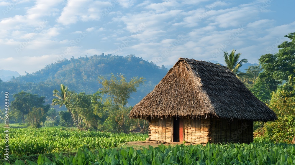 A rustic thatched-roof hut stands nestled in a lush field, set against a mountainous backdrop under a serene, blue sky. The scene evokes a sense of peaceful rural life A rustic thatched-roof hut stands nestled in a lush field, set against a mountainous backdrop under a serene, blue sky. The scene evokes a sense of peaceful rural life