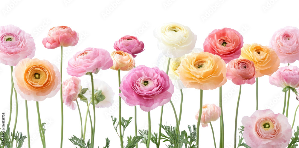 Obraz premium PNG Pastel Colorful ranunculus flower bush flowers colorful petals.