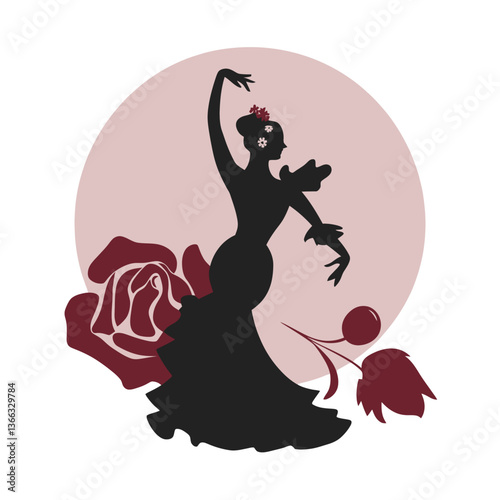 A silhouetted flamenco dancer strikes a graceful pose against a muted circular backdrop, surrounded by stylized roses