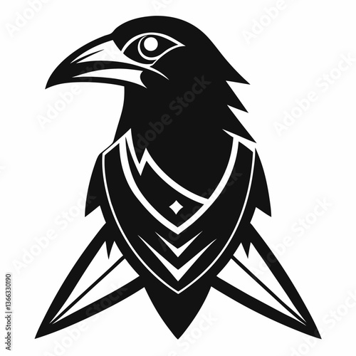 Raven Head Tribal Tattoo Style Vector Illustration in Black and White Silhouette
