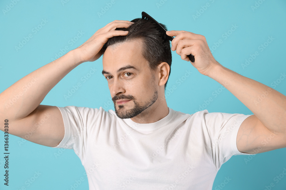 Fototapeta premium Handsome man stylish his hair with comb on light blue background