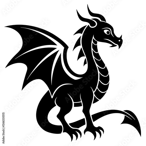 Stylized Black Dragon Silhouette with Wings Outspread Against a Clean White Background.