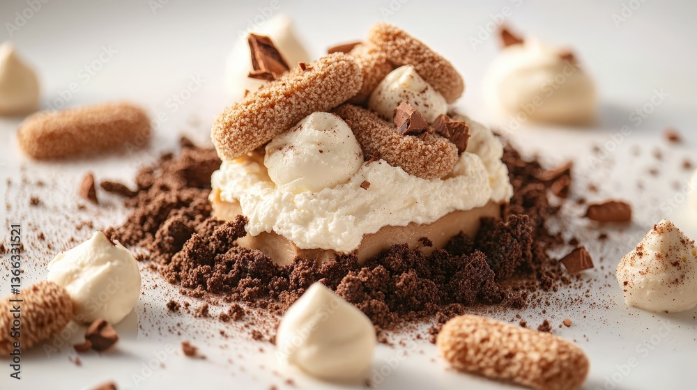 Decadent layered dessert with whipped cream, chocolate shavings, and crumbled biscuits Decadent layered dessert with whipped cream, chocolate shavings, and crumbled biscuits
