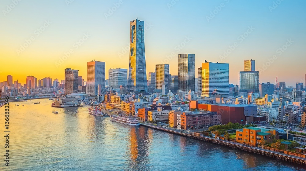 Fototapeta premium Panoramic sunrise view of Tokyo skyline, harbor, and city