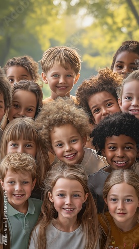 Diverse group of smiling children playing together in sunny outdoor setting