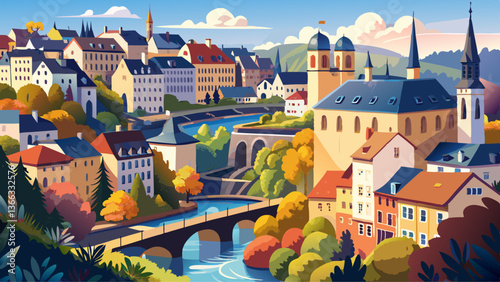 Old town of Luxembourg with traditional houses and Alzette river crossing through them