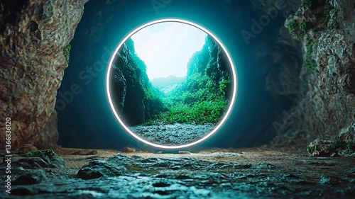 Circular portal revealing a lush green landscape beyond a rocky cave entrance with soft lighting
