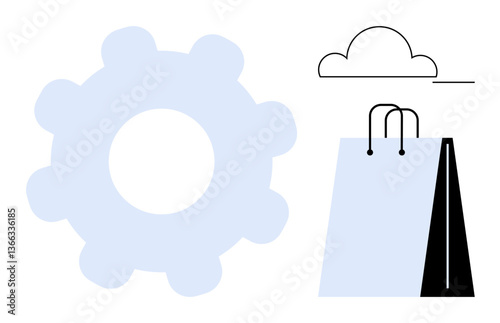 Shopping bag next to a gear symbol and cloud outline combining retail, automation, and technology themes. Ideal for e-commerce, logistics, retail insights, process optimization, integration, cloud