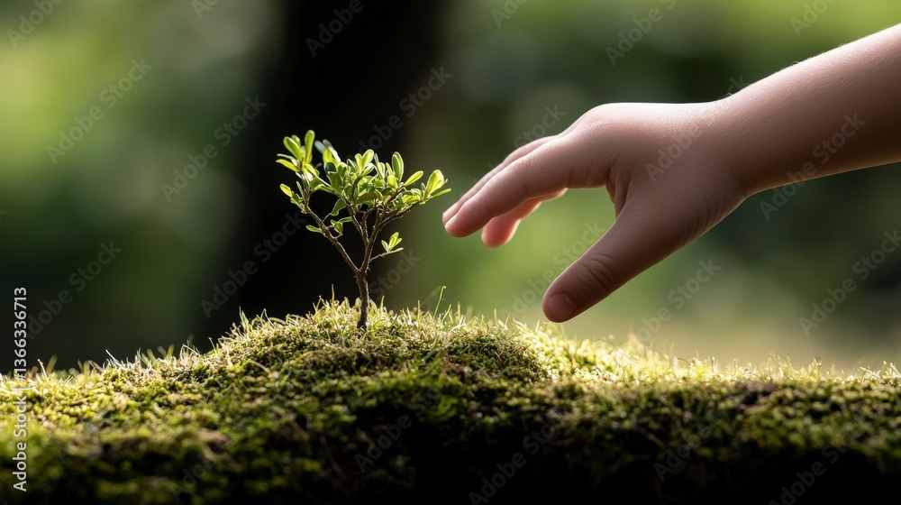 Fototapeta premium Child Touching Small Plant Inside Museum Exhibit About Nature Conservation
