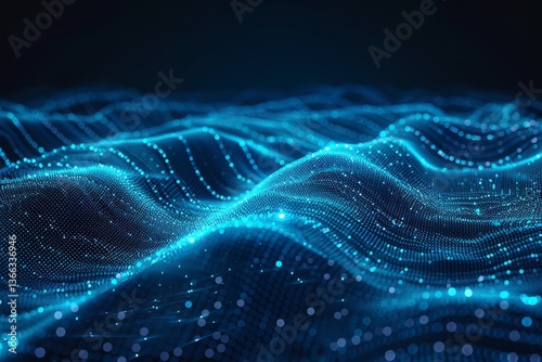 Futuristic blockchain network visualization with neon blue and white data flow on white background