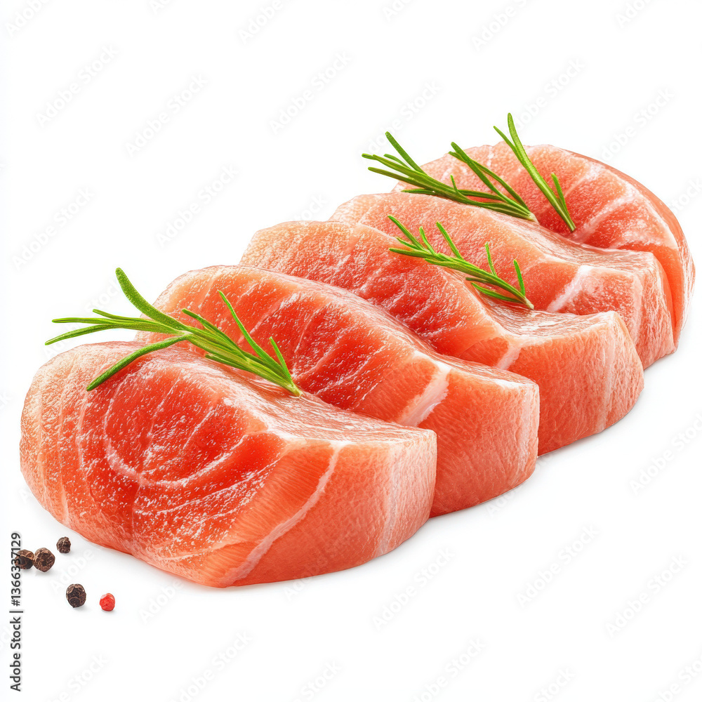 Raw Salmon Fillet Slices with Herbs and Peppercorns on White for Fresh Seafood Prep
Raw Salmon Fillet Slices with Herbs and Peppercorns on White for Fresh Seafood Prep