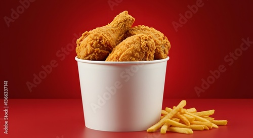 Fried chicken in a pure red bucket with French fries, isolated on a Red background