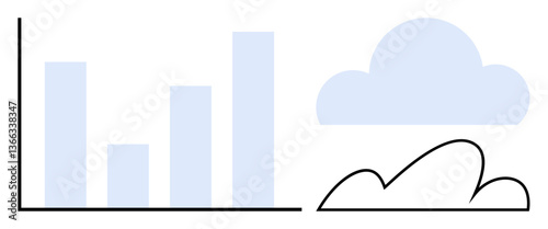 Bar graph next to stylized cloud shape, representing data trends and cloud storage. Ideal for cloud computing, data analysis, technology, innovation, business growth, digital trends, flat simple